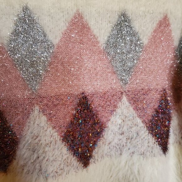 Oc Fuzzy Metallic Tinsel Sweater Size XL argyle - Picture 6 of 8